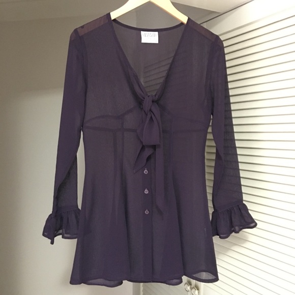Purple Sheer Long Sleeve Fitted Top Size 10 - Picture 10 of 13